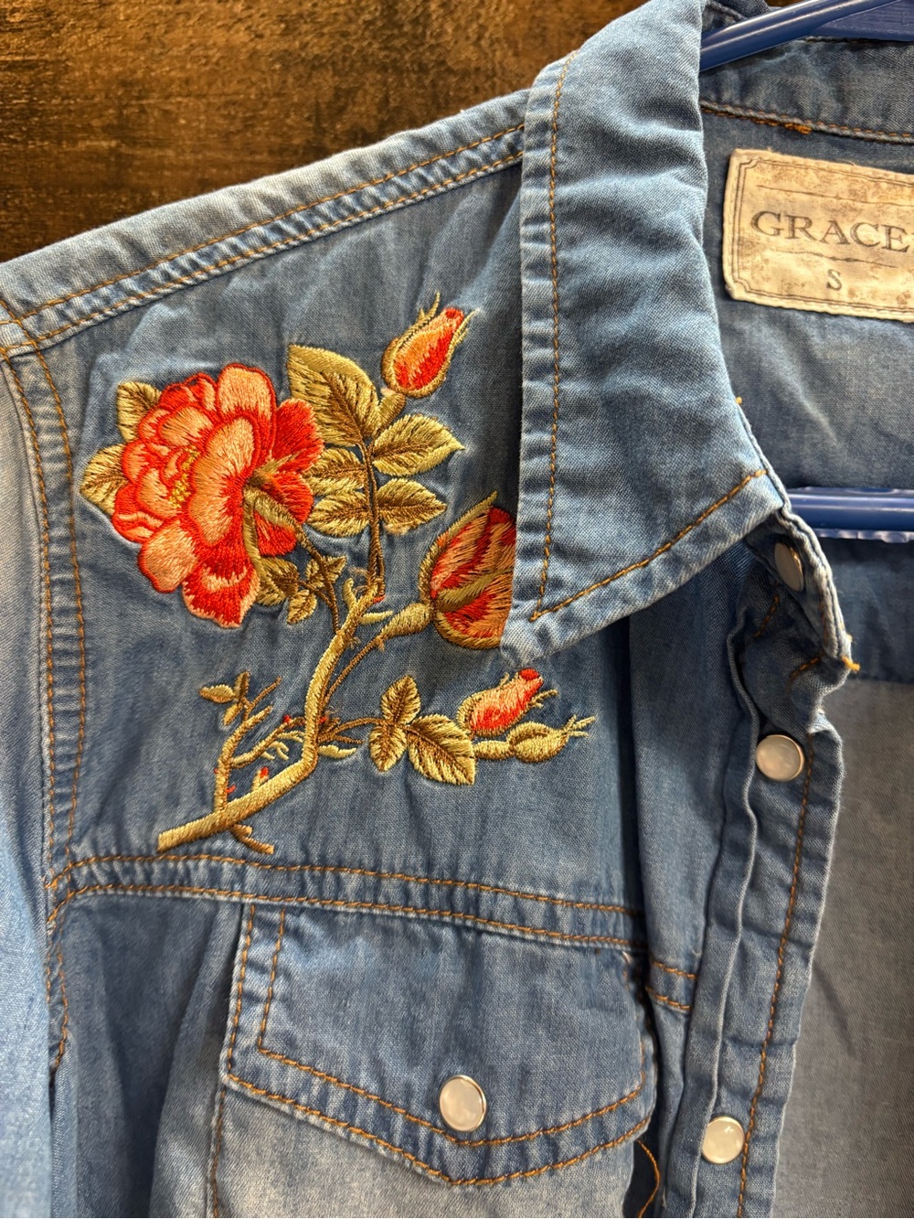 Grace Light Blue Denim Shirt with Orange Floral Embroidery EUC Size Small - Picture 5 of 13